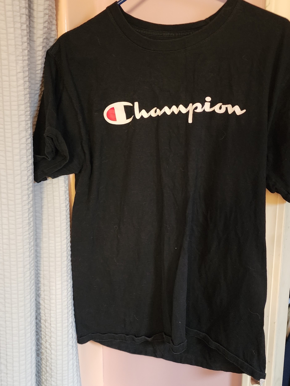 Champion Black T-Shirt with White Script and Red Logo Accent